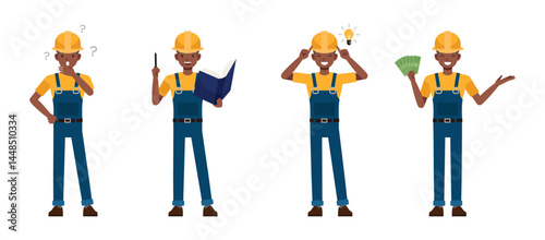 Construction worker thinking and get idea, holding money character vector illustration design set.