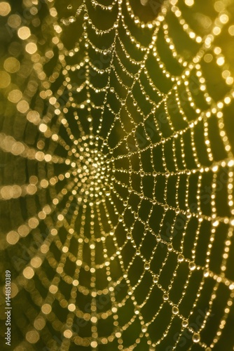 Obraz na płótnie Dewy Spider Web with Glimmering Drops in Soft Green Background w salonie