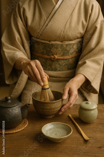 Traditional Japanese Tea Ceremony with Utensils and Attire