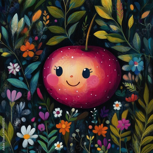 An illustrated happy apple surrounded by colorful flowers and lush foliage, perfect for creating a whimsical and joyful atmosphere