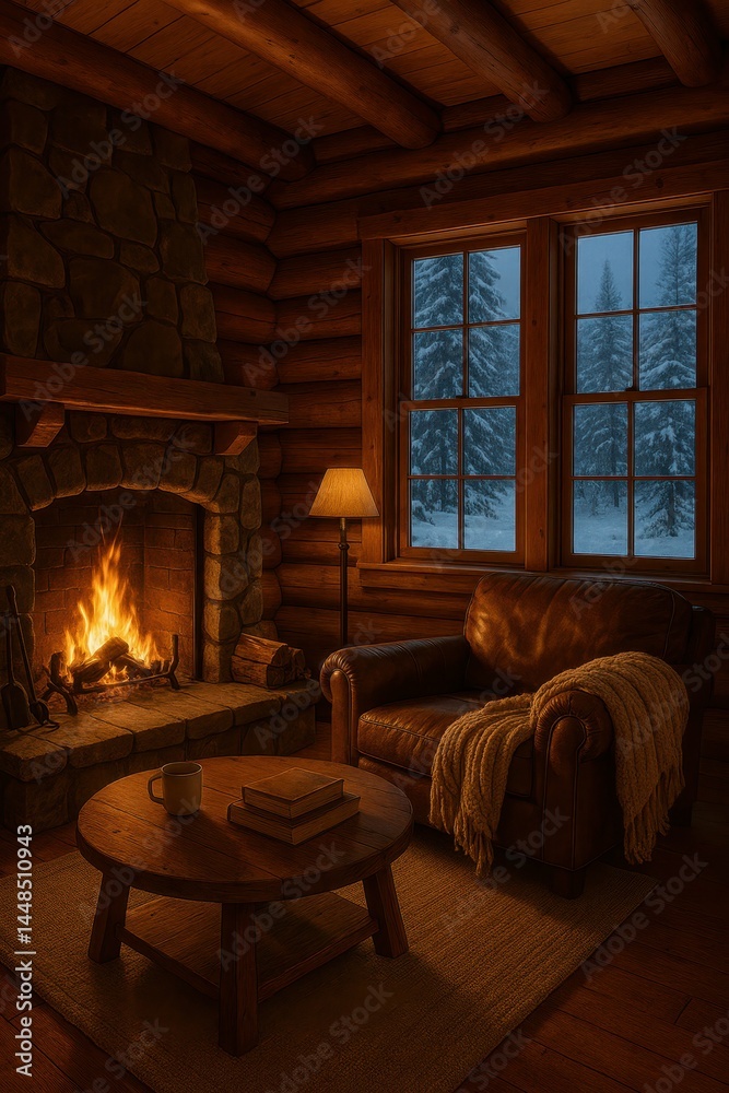 Cozy Cabin Retreat with Fireplace and Snowy Window View