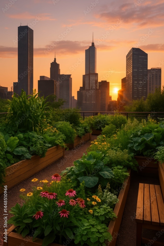 Serene Rooftop Oasis at Sunset with City Skyline Backdrop