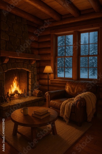 Obraz na płótnie Cozy Cabin Retreat with Fireplace and Snowy Window View w salonie