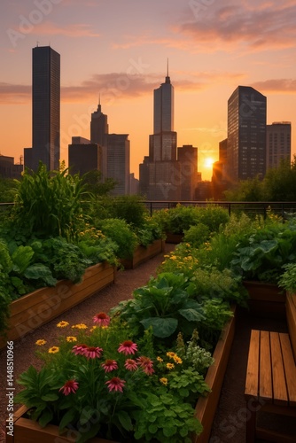 Obraz na płótnie Serene Rooftop Oasis at Sunset with City Skyline Backdrop w salonie