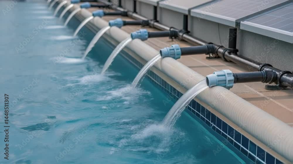 A closeup of water flowing from newly installed pipes connected to solar heating panels demonstrating the integration of the system into the pool infrastructure.