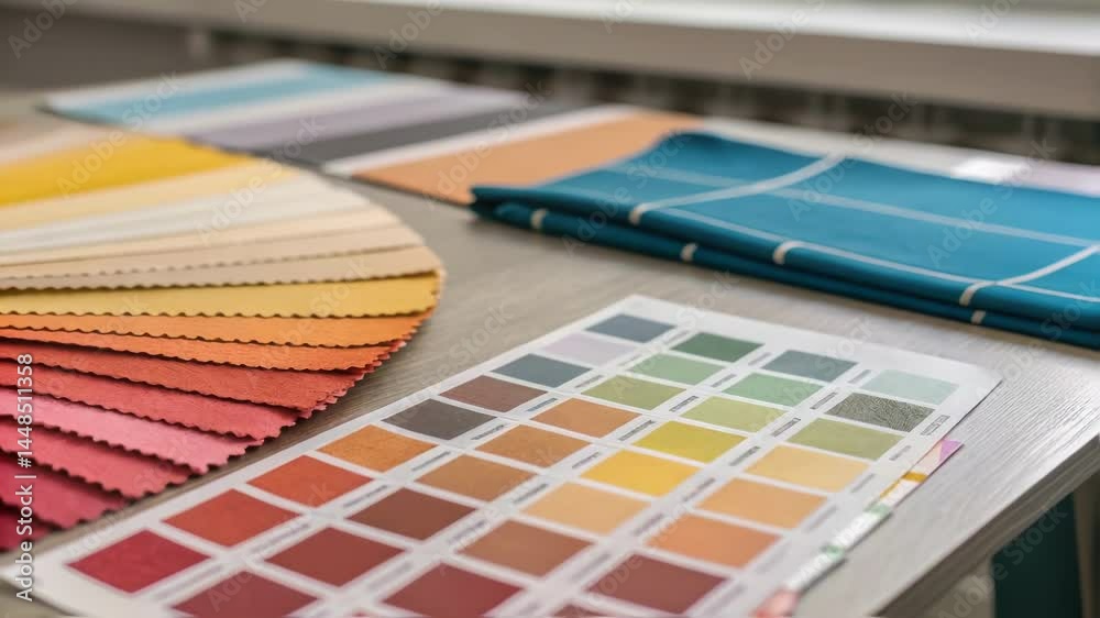 A closeup on a table covered with an array of paint samples and fabric swatches featuring harmonious colors intended to bring warmth and creativity to the multipurpose room.