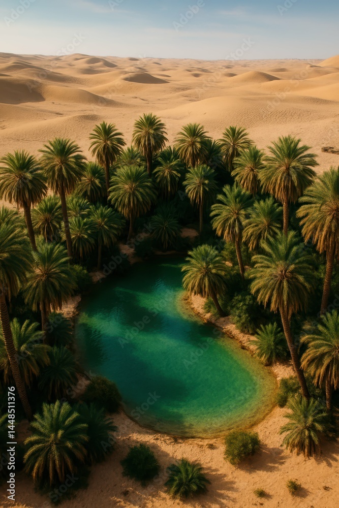 Aerial View of a Serene Oasis Surrounded by Endless Desert Dunes