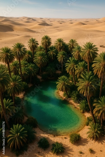 Obraz na płótnie Aerial View of a Serene Oasis Surrounded by Endless Desert Dunes w salonie