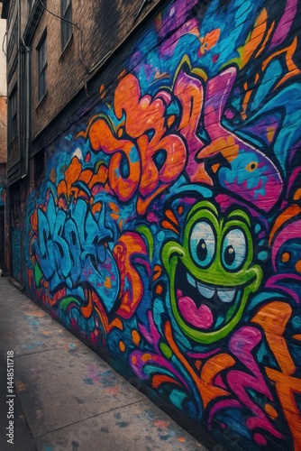 Vibrant Graffiti Artwork on Alley Wall with Bright Colors and Patterns