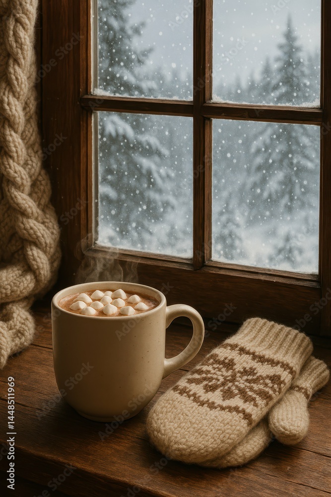 Cozy Winter Retreat with Hot Cocoa and Snowy Window View
