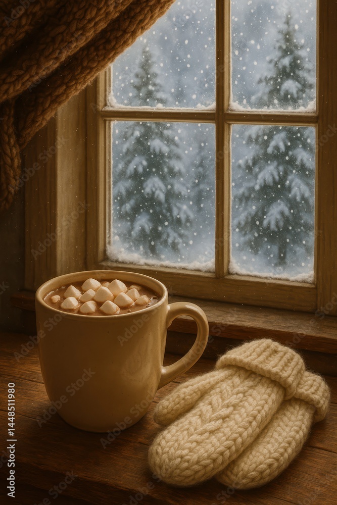 Cozy Winter Retreat with Mug and Mittens by Snowy Window