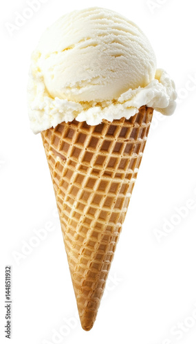 Vanilla or cream ice cream cone on transparent background – light scoop in waffle, isolated PNG dessert for summer menu, sweet food design or packaging