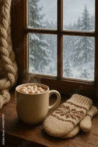 Obraz na płótnie Cozy Winter Retreat with Hot Cocoa and Snowy Window View w salonie