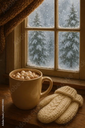Obraz na płótnie Cozy Winter Retreat with Mug and Mittens by Snowy Window w salonie