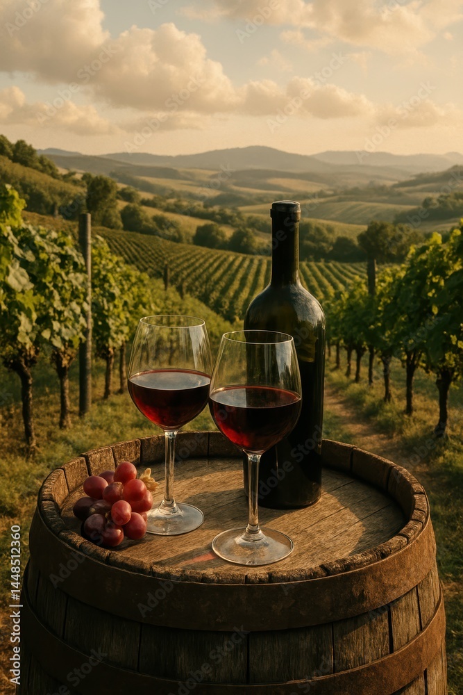 Elegant Vineyard Scene with Wine Glasses and a Bottle at Sunset