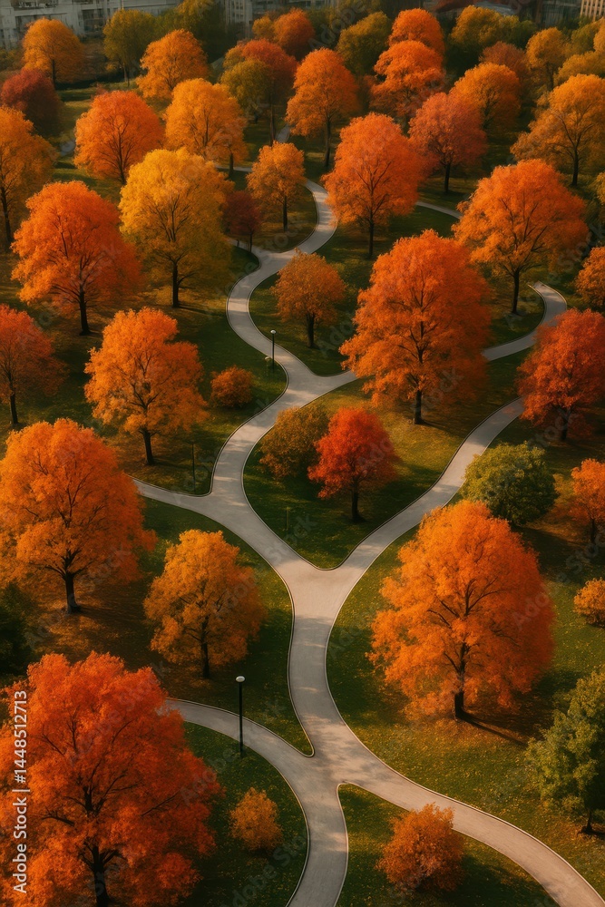 Serene Autumn Pathways Through Vibrant City Park Foliage