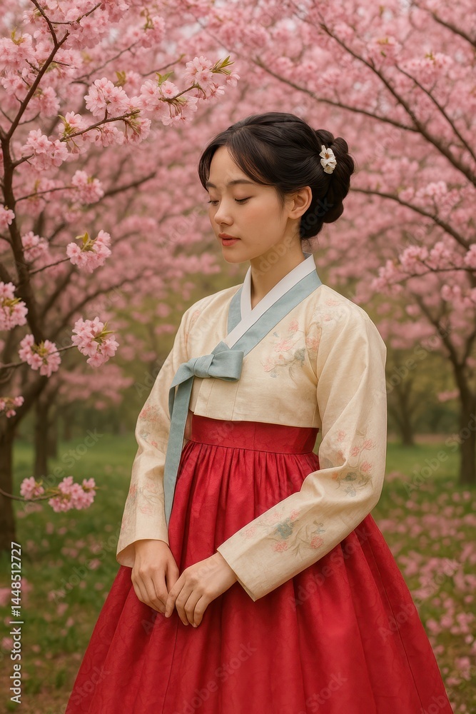 Korean Woman in Hanbok Surrounded by Blooming Cherry Blossoms