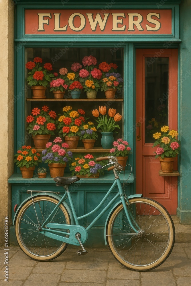 Retro Bike at a Shop Surrounded by Vibrant Flower Pots