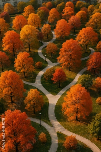 Obraz na płótnie Serene Autumn Pathways Through Vibrant City Park Foliage w salonie