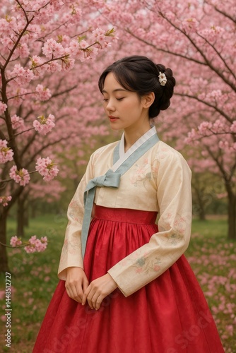 Obraz na płótnie Korean Woman in Hanbok Surrounded by Blooming Cherry Blossoms w salonie