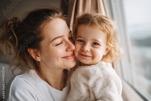 Mother and child sharing a heartfelt moment on Mother’s Day by sunlit window – natural lighting, emotional bond, cozy home, cinematic lifestyle scene