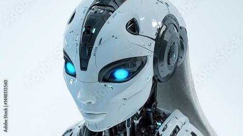 Close-up of a Futuristic Female Robot's Head, Advanced Artificial Intelligence, Technology, and Design