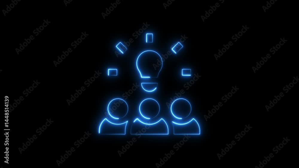 Neon outline of a team generating and sharing brilliant ideas on a black background