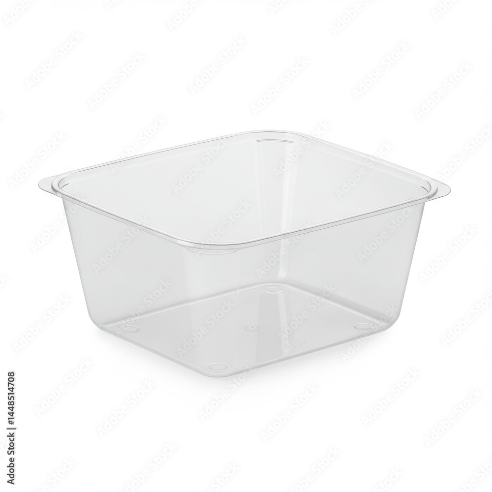 A clear square plastic container sits on a white surface in a studio setting with soft shadows A clear square plastic container sits on a white surface in a studio setting with soft shadows