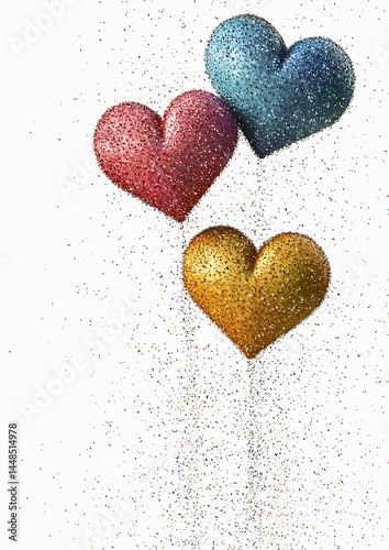 Three sparkling hearts against a simple background, symbolizing love and affection. The hearts are in vibrant colors, adding a touch of festivity