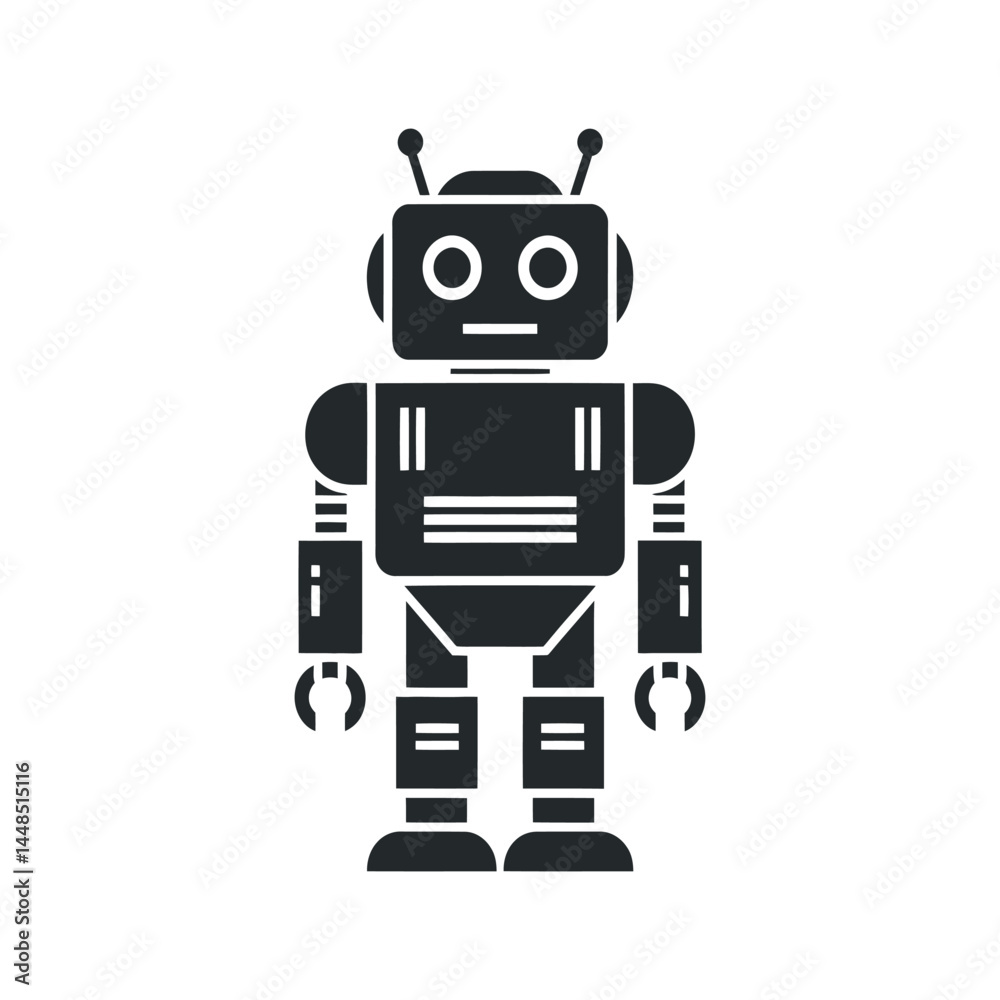 Modern robot design, black silhouette, tech icon for automation, robotics, and futuristic concepts