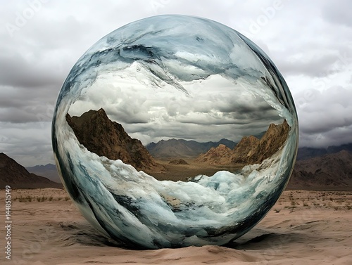 desert frozen storm captured inside a giant crystal globe in