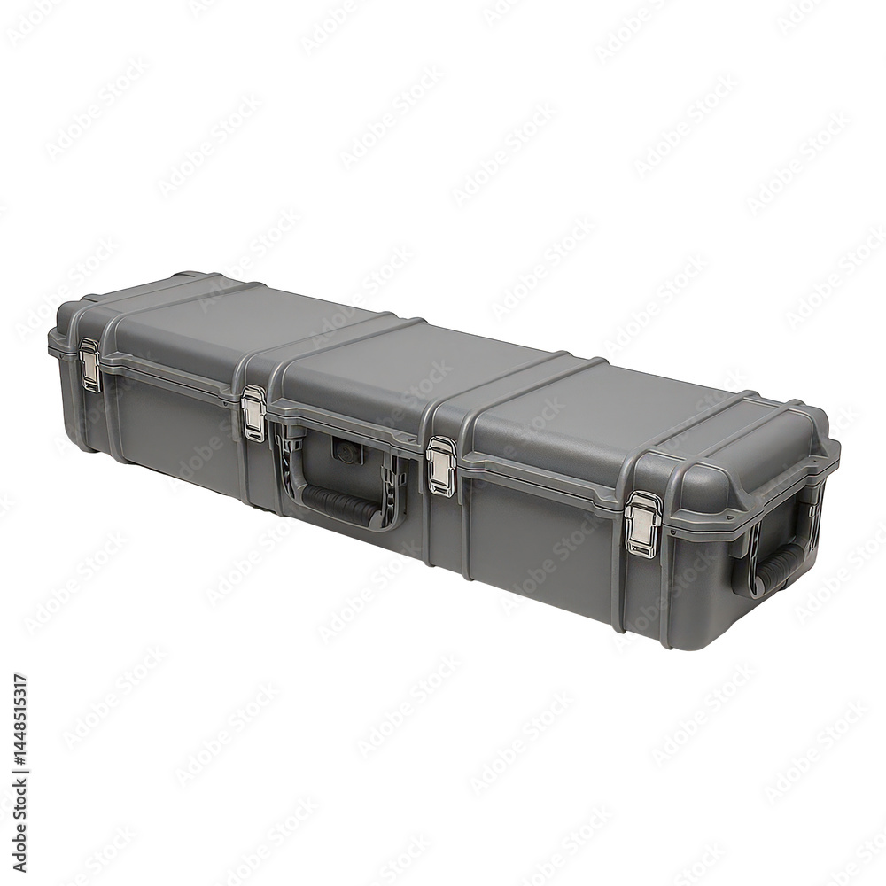 Heavy-duty protective long gray hard case with metal latches for safe storage and transport of valuable equipment. Heavy-duty protective long gray hard case with metal latches for safe storage and transport of valuable equipment.