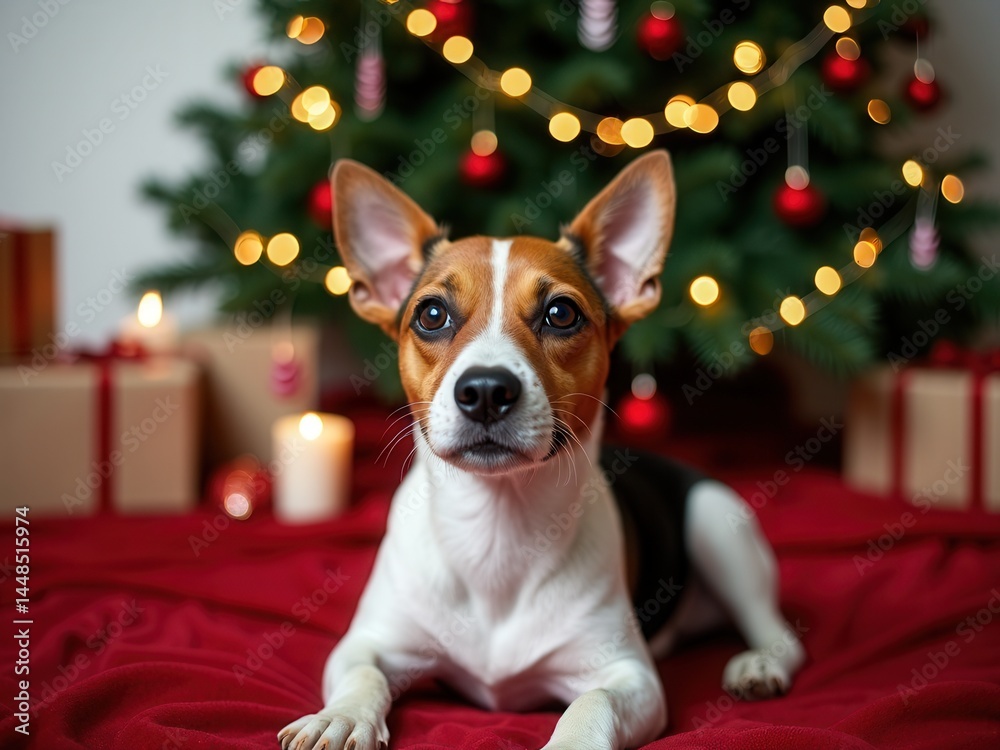 Small dog is laying on a red blanket in front of a Christmas tree. The dog is looking at the camera with a curious expression
