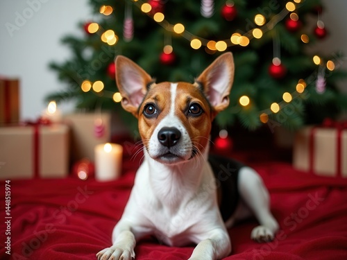 Obraz na płótnie Small dog is laying on a red blanket in front of a Christmas tree. The dog is looking at the camera with a curious expression w salonie