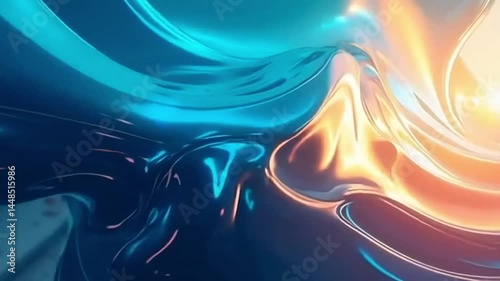 Abstract background of liquid metal and chrome with shades of blue, lilac and orange, live wallpaper