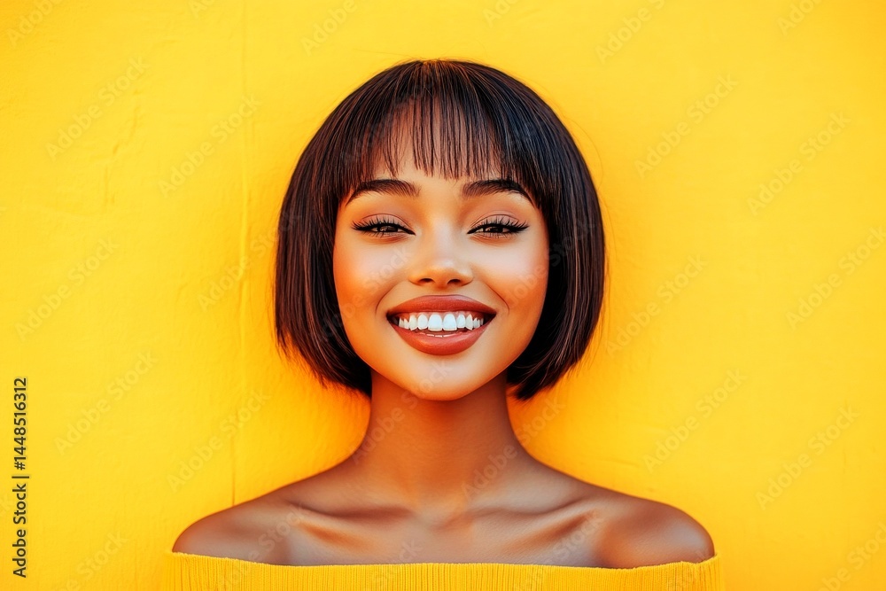 Short hairdo - straight hair. Gorgeous smiling mixed-race girl - for ads, media and internet use. Commercial digital ads conceptual art layout. Colored girl lookbook. African woman trend.