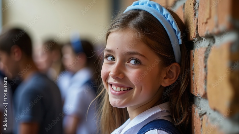 Young girl is smiling and wearing a blue headband. She is standing next to a brick wall