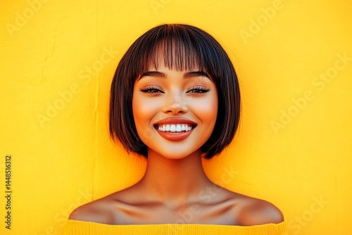 Obraz na płótnie Short hairdo - straight hair. Gorgeous smiling mixed-race girl - for ads, media and internet use. Commercial digital ads conceptual art layout. Colored girl lookbook. African woman trend. w salonie