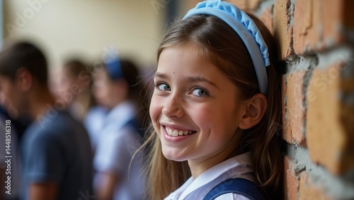 Obraz na płótnie Young girl is smiling and wearing a blue headband. She is standing next to a brick wall w salonie