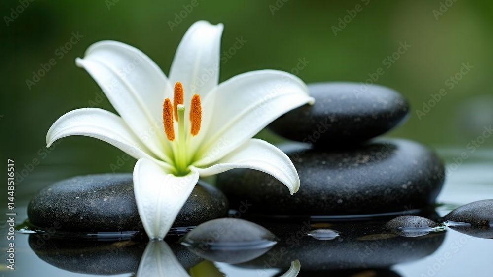 White flower is floating on top of a pile of black rocks. Concept of calm and serenity, as the flower and rocks create a peaceful and tranquil scene