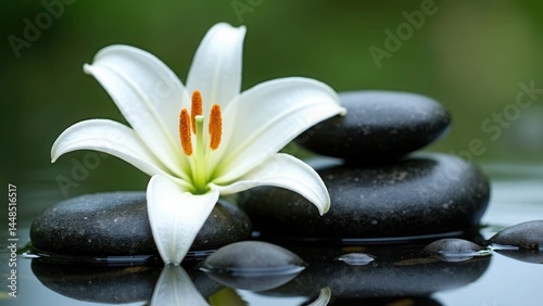 Obraz na płótnie White flower is floating on top of a pile of black rocks. Concept of calm and serenity, as the flower and rocks create a peaceful and tranquil scene w salonie