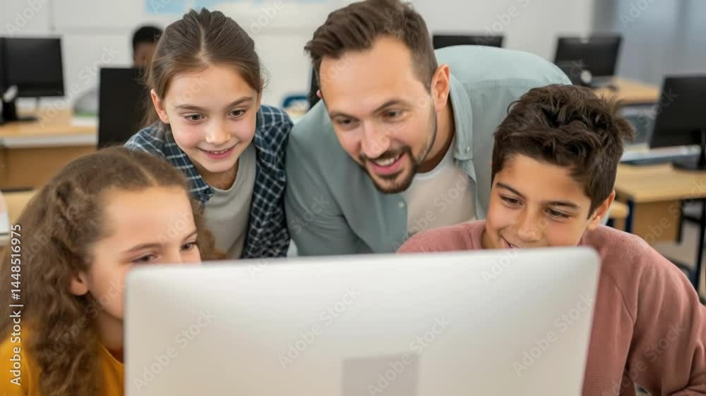 A medium closeup of a teacher demonstrating coding concepts to a small group of engaged students their expressions a mix of concentration and excitement. A medium closeup of a teacher demonstrating coding concepts to a small group of engaged students their expressions a mix of concentration and excitement.