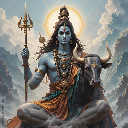 Beautiful digital painting of lord Shiva with Nandi the bull, perfect for home decor and gifts