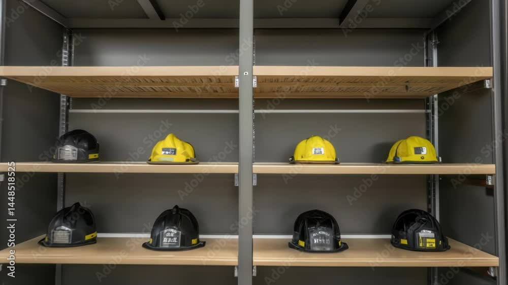 A medium closeup of customized shelving being installed on the sides of the garage designed to hold equipment and tools required for firefighting operations.