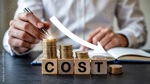 Reducing Costs Concept With Stacked Coins And Wooden Blocks Downward Arrow Symbolizing Financial Decrease Represents Frugality And Budget Optimization