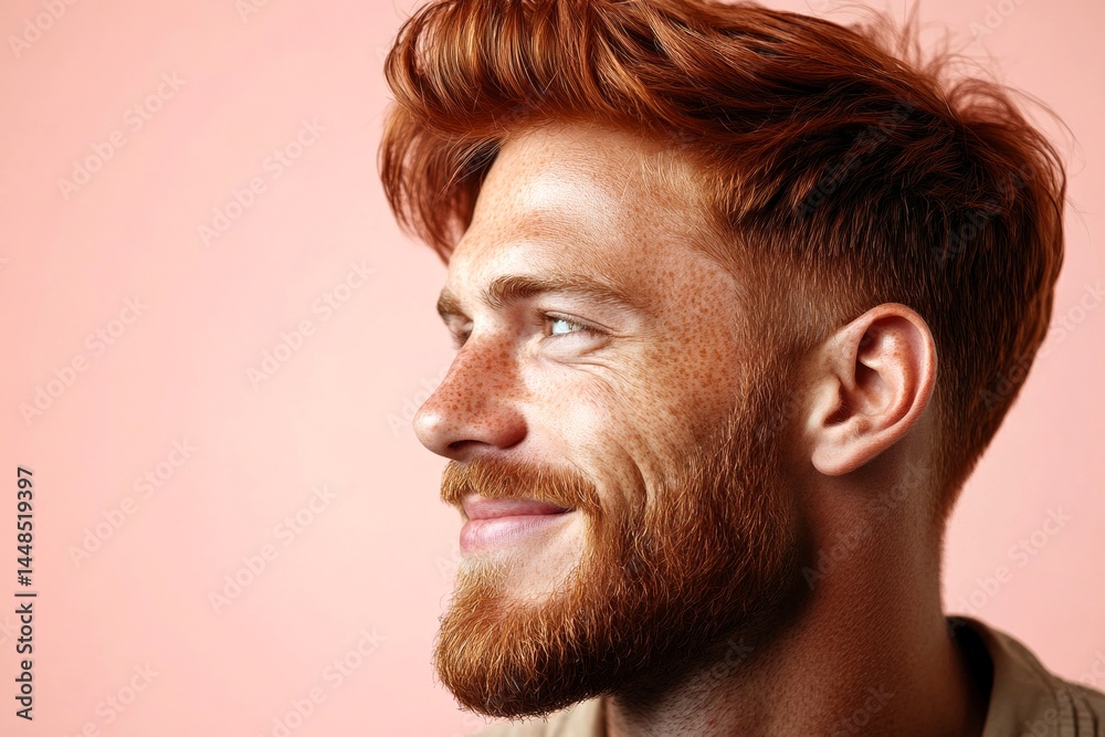 Chic men's slick back with fade haircut - midlife white man with red hair. A chic gentleman dressed in style and confidence. Pink solid background. Visual idea of style for aging men.
