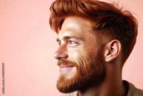 Chic men's slick back with fade haircut - midlife white man with red hair. A chic gentleman dressed in style and confidence. Pink solid background. Visual idea of style for aging men.