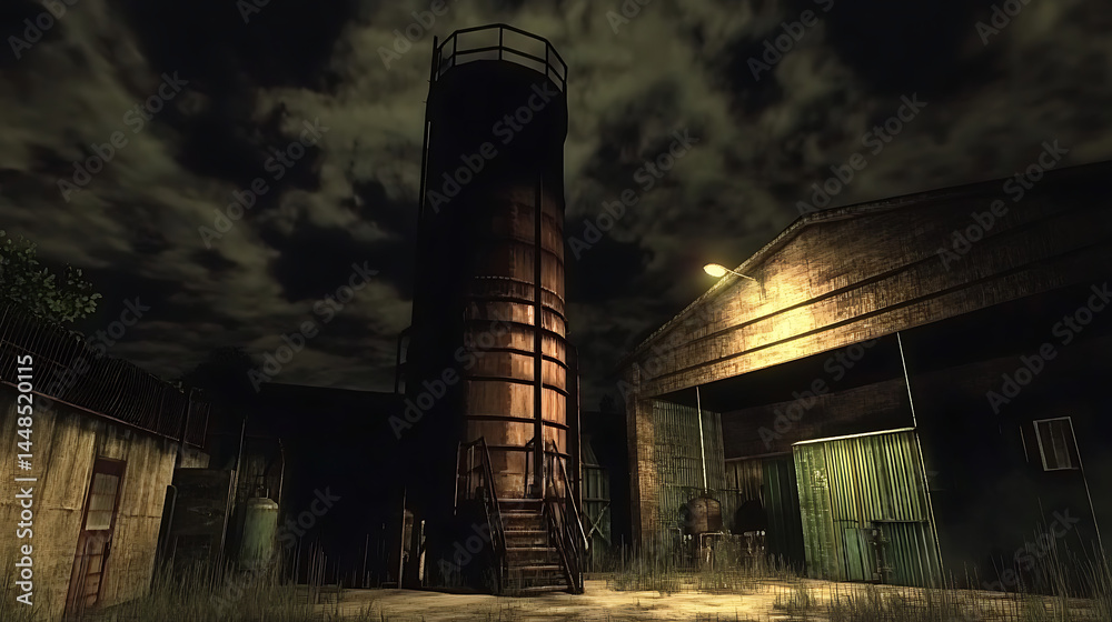 Obraz premium Rusty industrial water tower at night