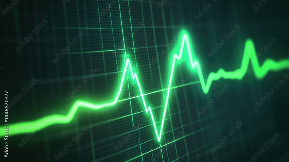 Green heartbeat monitor display, digital health data visualization with clear graph lines, suitable for medical concepts. Green heartbeat monitor display, digital health data visualization with clear graph lines, suitable for medical concepts.