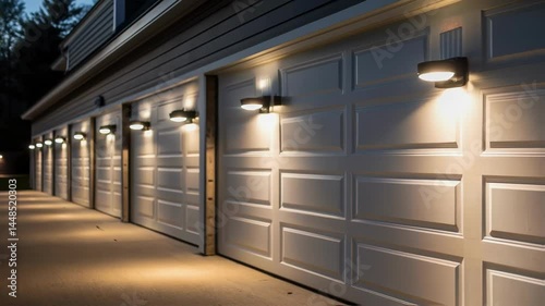A medium closeup showcasing a row of motionactivated lights along the garage entrance with shadows behind them creating a dynamic visual effect. photo